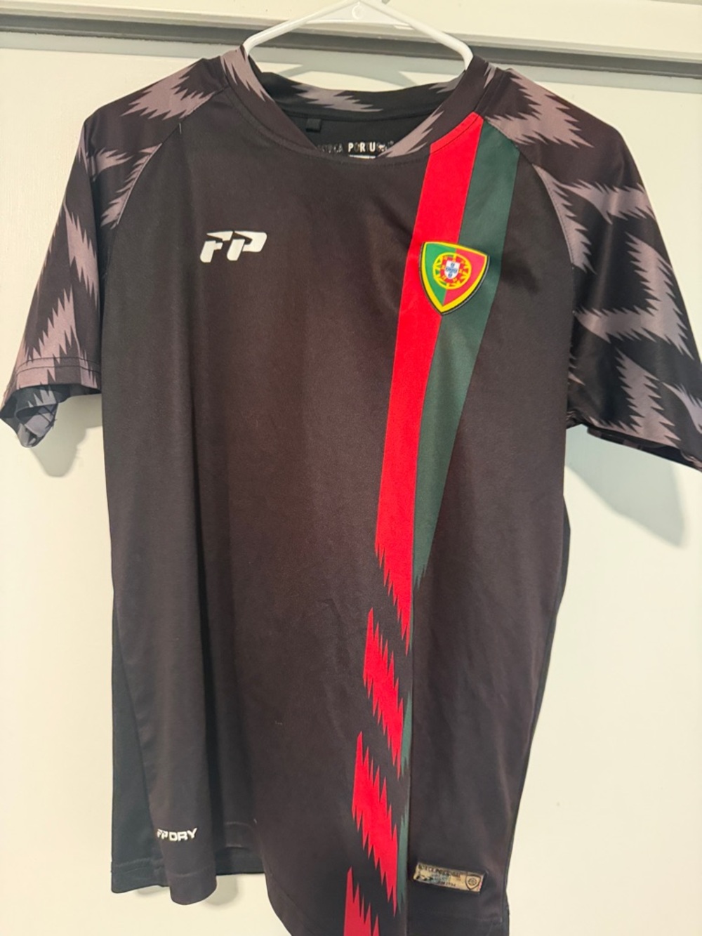 Force Portugal Kids Soccer Jersey - Black with Red & Green Stripe XL JR